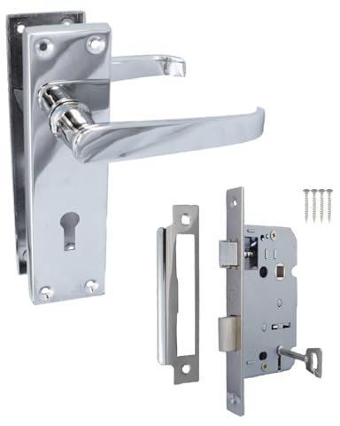 Victorian Lock Straight Polished Chrome Door Handles - Internal Latch Handle Sets,3 Lever Mortice Sash Lock, Silver Internal Door Handles for Internal Doors (1 Pair of Handles + 3 Lever SASH Lock)