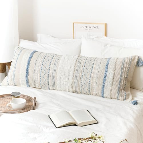 BlissBlush Große Körperkissenhülle für das Bett 51x137 cm, Küsteblau, Boho Akzent, übergroßer Langer Kissenbezug für das Schlafzimmer, dekoratives Kissen, Bauernhaus (Nur Bezug, Packung mit 1)