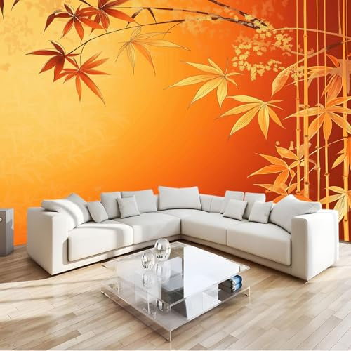 Rouge Orangé Papier Peint Intissé 3D Feuilles De Fleurs De Bambou Décoration Murale Moderne, Pour Chambre Enfants, Salon & Bureau 200 X 140 Cm