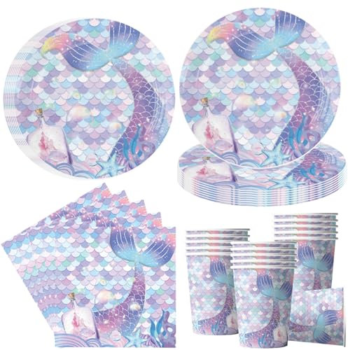 OMZSXK Vajilla de fiesta de sirena para 16 invitados, plato de fiesta de sirena, vajilla de cumpleaños, platos de papel de sirena, servilletas, decoración de cumpleaños infantil