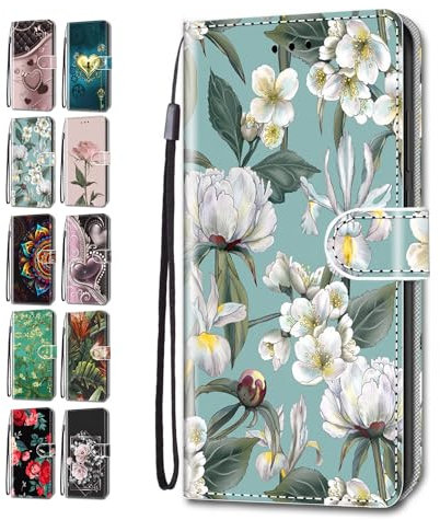 Handyhülle für iPhone SE (2022) / SE 2020/8 / 7 Hülle Muster Lederhülle Klapphülle Tasche Flip Case Cover mit Kartenfach - Weiße Blüten