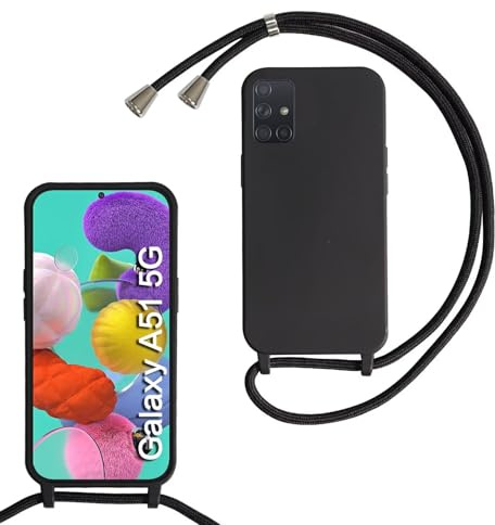 FERLAN handyband Hülle für Samsung Galaxy A51 5G mit Band, HandyHülle mit Kordel, Weich Silikon TPU Stoßfest Bumper mit Kette zum Umhängen für Samsung Galaxy A51 5G, Handy Lanyard - Schwarz