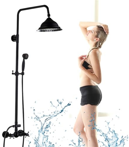 HUSPOO Retro Duscharmatur Duschset, Edelstahl Regendusche Duschsystem Schwarz, Höhenverstellbar 90-118cm, Duscharmatur Set Wandmontage, Antik Nostalgie