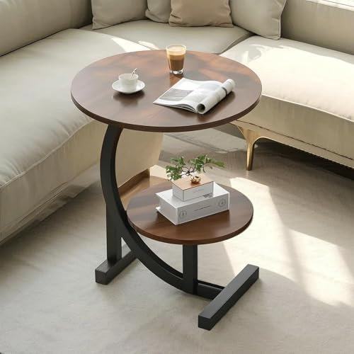 2 Strati Tavolino piccolo a forma di C, Tavolini da Salotto per Snack Di Facile Montaggio, Adatto a Piccoli Ambienti, Soggiorni e Camere da Letto(Colore noce)