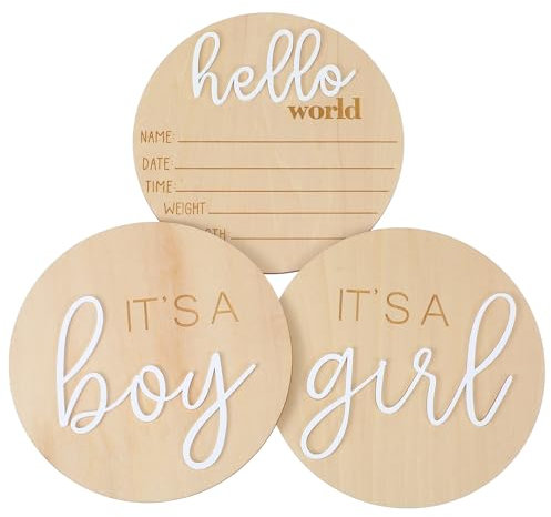 Ptwola 3PCS Newborn Announcement Sign, 5.9in Its a Boy Its a Girl Hello World Wooden Sign Round Gender Reveal Welcome Sign Nursery Birth Baby Name Plaques for Hospital Boys Girls Photo Props Keepsakes