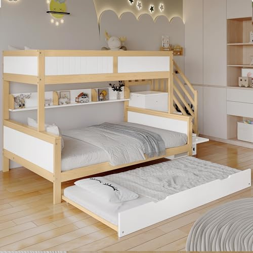 Merax Etagenbett 90x200 & 120x200 cm mit Rollbett, Ecktreppe, Kleiderschrank und 4 Staufächern, Bettgestell aus Kiefer und MDF, Weiß/Natur, ohne Matratze