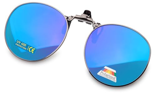 Epavouos Lunettes de soleil polarisées à clipser UV400 avec verres anti-éblouissement avec cadre en métal rond design unisexe, bleu, 52 mm