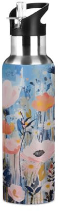 Woltant Peinture à l'huile de fleurs - Bouteille d'eau isotherme en acier inoxydable - 600 ml - Bouteille d'eau de sport avec paille anti-fuite pour le travail, les voyages, la salle de sport