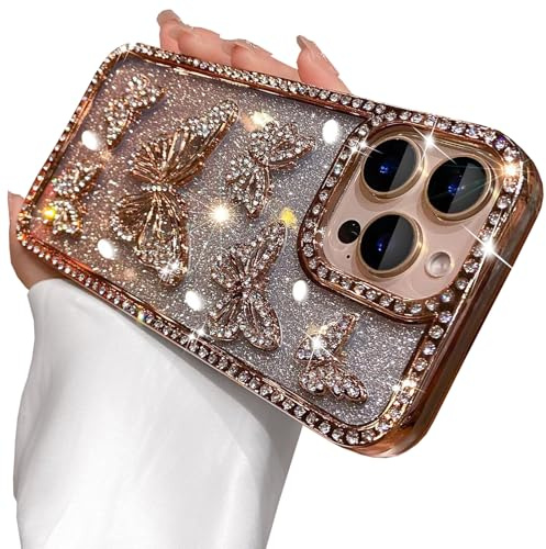 QoKcoahn Butterfly Phone Case for iPhone 16 Pro Max,Cute Bling Butterfly Luxury Sparkle Glitter Diamond Crystal Rhinestone 6D Electroplated Soft TPU Protective Cover for Girls Women Gold
