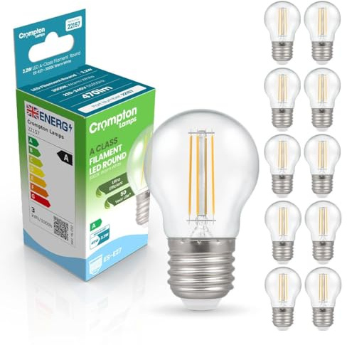 Crompton Lamps LED Ultra-Efficient Golfball 2.2W ES-E27 A-Class (10 Pack) (40W Equivalent) 3000K Warm White Clear 470lm ES Screw E27 A-Rated Multipack Light Bulbs