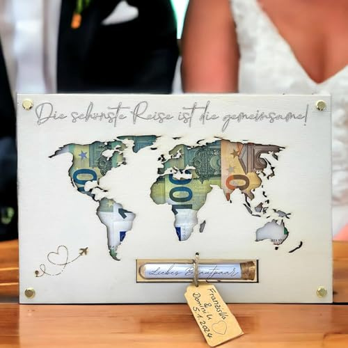 NIYATA Weltkarte Holz Geldgeschenk Bilderrahmen Hochzeitsgeschenk Personalisiert mit Teströhrchen Geschenk für Kollegen, Jobwechsel, Hochzeiten & Reisen 32x22cm