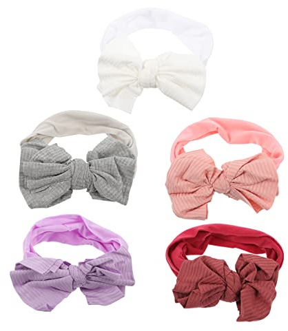 JUMPLAWN 5 Stück Teiliges Haarband Elastischem Nylon Weiche Schleife Stirnbänder Weiß Weinrot Rosa und Lila Atmungsaktive Kopfbedeckung für Neugeborene und Kleinkinder zur Babyparty