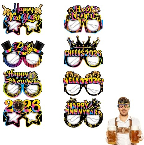8 Stück Silvester Brille 2026,Silvester Deko Party Zubehör Happy New Year Lustige Brillen Neujahr Fotorequisiten Fotoaccessoires Kinder Erwachsene Papier Partybrille,für Foto Requisiten Eve Decoration