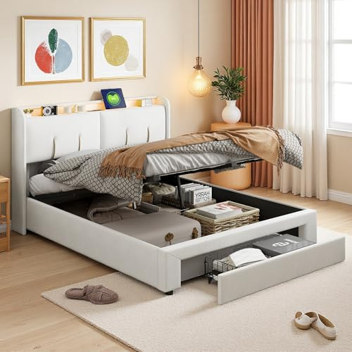 OLIVIBED Polsterbett 160x200cm mit Bettkasten, Doppelbett mit Stauraum, Hydraulisch Jugendbett mit Kopfteil, für Erwachseneund Jugendliche, Ohne Matratze, Beige