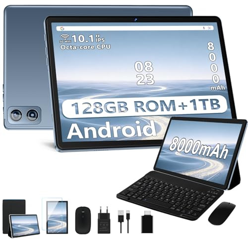 Dghrti Tablet Android, 22GB RAM+ 128GB ROM (Expandable 1TB TF), 8000mAh, Widevine L1, BT5.0, 8+5MP Tableta with Mouse - Gray
