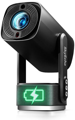 SkyEcho K2 Beamer 1080P Heimkino, Mini Projektor mit Integriertem Standfuß & Lautsprecher, Deckenprojektion, Auto Keystone Korrektur, Bluetooth, WiFi, 4K Kompatibel (Schwarz (mit Akku))