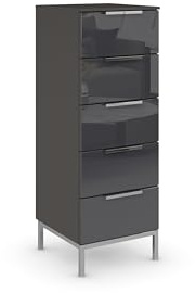 Rauch Möbel Flipp, Kommode, Farbe Glas Basalt/Graphit, Breite 40 cm | Sideboard, 5 Schubladen, Glasfront, Soft-Close, Griffe, Metallkufe Chrom, für Schlafzimmer, Gästezimmer, Wohnzimmer