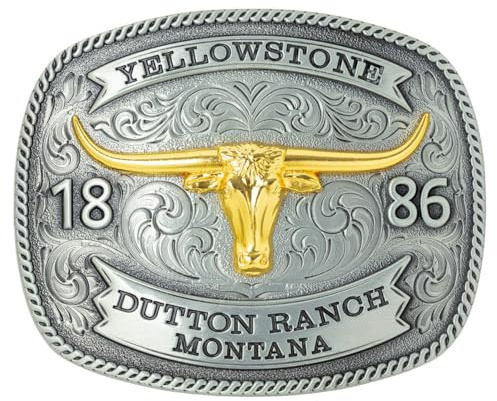 STARS & STRIPES Yellowstone Gürtelschnalle GS-612 – Longhorn-Motiv mit Goldapplikation, Western-Style