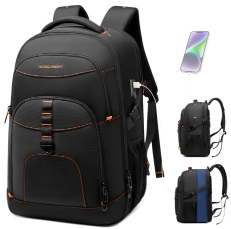 Mochila de Viaje Expandible 50L para Hombre y Mujer, Mochila Portátil | para 17,3 Pulgadas Ordenador, Mochila de Cabina con Puerto USB para Negocios, Universidad y Fin de Semana, Negro