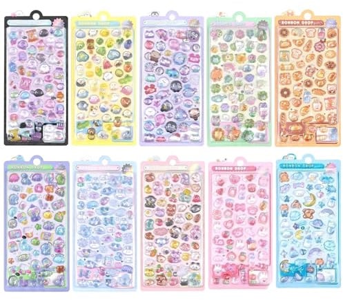 PLUSHCEWT 10 Stück 3D Sticker Puffy Stickers Set, Cartoon Cute Stickers, C | Aufkleber für Handyhüllen Notebooks Scrapbook, Kawaii Tiere Aufkleber, Wasserdicht Mini Aufkleber für Rewards and Decoration