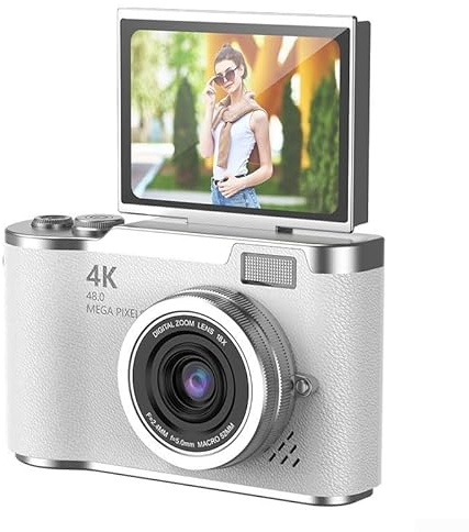 4K CCD Digitalkamera 48MP mit 8X Digitalzoom und 180° drehbarem Bildschirm für Studenten und Anfänger, kompakte tragbare Fotokamera in Schwarz (Weiß)