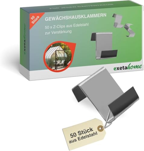 Exeta 50 x Gewächshausklammern sturmfest I robuste Edelstahl Klammern für Gewächshaus I Z-Clips für Gewächshäuser zur Verstärkung von Gewächshausglasplatten gegen Wind & Regen I Gewächshaus-Zubehör