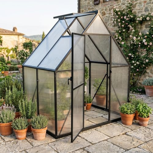 YRHome Serra in alluminio, 179,5 x 124,5 x 194,5 cm, pannelli alveolari in policarbonato da 5,2 mm, colore nero, serra da giardino, resistente alle intemperie, resistente all'inverno, serra da