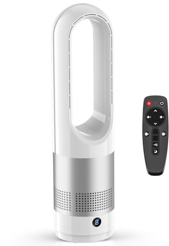 UOAESR Bladeless Tower Fan with Air Purifier, 2 in1 Tower Fans with Remote Control, 8H Time, 90° Oscillation, Timer, Super Quiet Air Cooler for Home and Office (White)