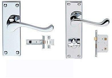 Chrome Door Handles Package Deal: 5 x Lever Handle + Latch Sets, 1 Set Bathroom Door Handles + Lock: Premium Quality Carlisle Brass Victorian Scroll
