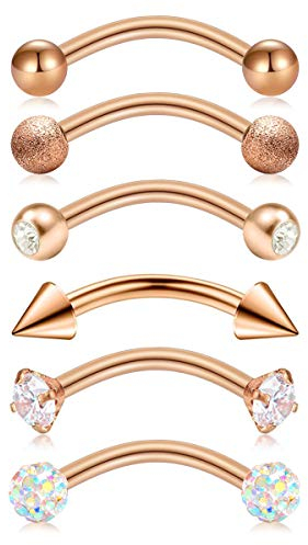 JFORYOU 16G Kugel Augenbrauen Piercing Set - 316L Chirurgenstahl Bananenbell Ohr, Rook, Lippe, Tragus, Septum, Helix Piercing - 6 Stück - Rose Gold