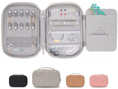 storageLAB Reise-Schmuckorganizer, Clutch-Tasche aus Kunstwildleder für Halsketten, Ohrringe, Ringe und Armbänder (Grau)