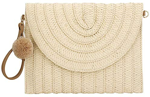 Women Straw Purse Clutch Bag, Summer Straw Shoulder Woven Rattan Handbag Bags Beach Shoulder Tote Handbags (Beige)