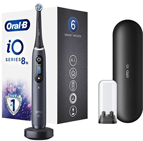 Oral-B iO – 8n – elektrische Zahnbürste, wiederaufladbar, 1 hochwertiger, schwarzer Griff mit revolutionärer Magnettechnologie, Farbanzeige, 1 Bürste, 1 Premium Reisetasche