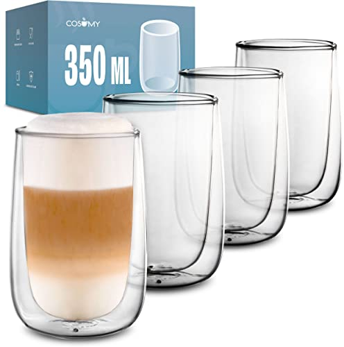 Cosumy Tazzine Caffe Vetro per Latte Macchiato a Doppia Parete Set 4x350 ml: Ti permettono di gustare le tue bevande calde o fredde per un periodo più lungo - Regalo perfetto