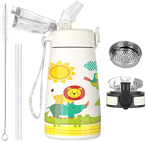 OLDLEY 350ml/12oz Kids Stainless Steel Water Bottle with Straw for School with 2 Different Lid Metal Vacuum Insulated Water Bottles Small Flask for Boys Girls Toddler Children Hot Cold Drinks BPA Free