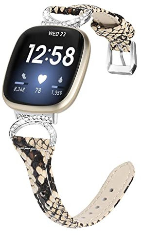 Gimuk Lederarmband, kompatibel mit Fitbit Versa 4/Sense 2, für Damen und Mädchen, echtes Leder, Sportband, Metall, Bling Strass, Ersatzarmband für Fitbit Versa 3/Sense, 5.5 - 8.1, Leder