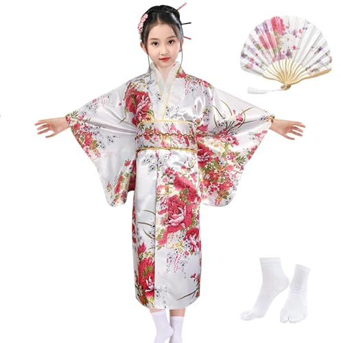 KRUIHAN Kimono Giapponese per Ragazze,Stile Giapponese Tradizionale Yukata Kimono in Raso per Ragazze,Costumi per Bambini,Vestito da Festa per Ragazze,con Ventaglio Pieghevole e Calze Tabi