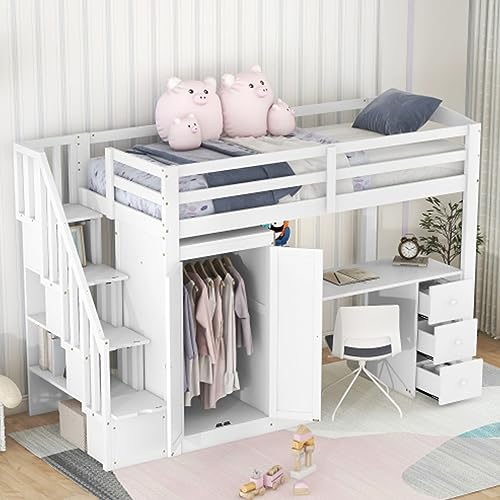 Tcewhhy Kinderbett 90 X 200 cm Hochbett Mit Kleiderschrank Treppe Schreibtisch Und Schubladen Und Schrank In Einem Jugendbett Einzelbett Bett Mit Stauraum Weiß