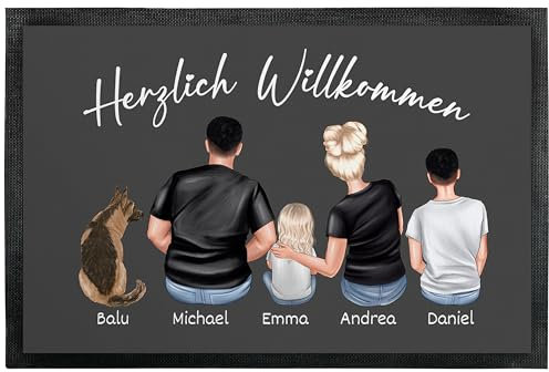 True Statements Fußmatte „Familie“ - personalisiert mit Figuren Namen Hund Katze - Familien Türmatte Fußabtretter Geschenk Einzug Neue Wohnung Schmutzfangmatte – dünn rutschfest, 60 x 40 cm