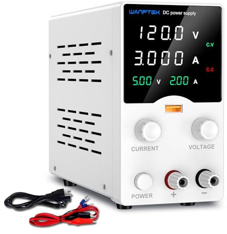 Fuente de alimentación Laboratorio 120V 3A Variable Fuente de Alimentación Regulable con Mando Codificador, Fuente de Alimentación de CC Ajustable con Carga Rápida USB/Pantalla LED de 4 dígitos