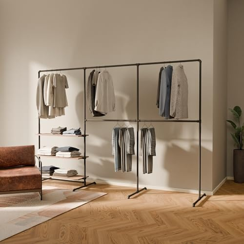 pamo Kleiderstange freistehend 140 kg Traglast – offener Kleiderschrank | industrial schwarz aus Metall Wasserrohren mit Böden aus massiver Eiche