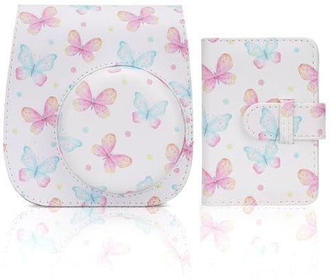QICNMFA Kamera Tasche Kompatibel mit Fujifilm Instax Mini 12 11 9 8 8+ Sofortbildkamera PU Leder Kameratasche mit 28 Taschen Mini Fotoalbum und Verstellbarem Schulterriemen (Rosa Schmetterling)