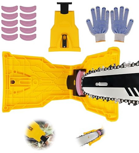 Kettensäge Schärfgerät,Tragbar Kettenschärfer mit 10 Schärfsteinen und Einem Paar Handschuhe Gelb Sägekettenschärfgerät,Universeller Kettenschärfer