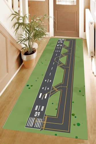 Kuluoits Flughafen-Druck-Teppich, 80x200cm, Grünes Gras, Flugzeug-Startbahn, Langer Teppiche für Kinder, Weich, rutschfest, Waschbar, Jungenzimmer, Spielzimmer, Eingangsbereich, Heimdekoration