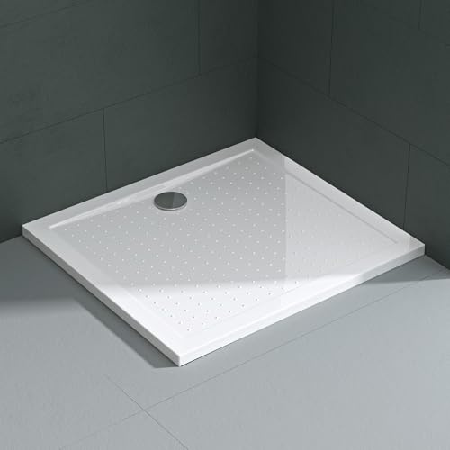 Mai & Mai Plato de Ducha 70x90x4 cm Antideslizante – Acrílico Blanco, Rectangular con Válvula de Desagüe AL02, Instalación a Ras de Suelo o Sobresuelo Lucia02