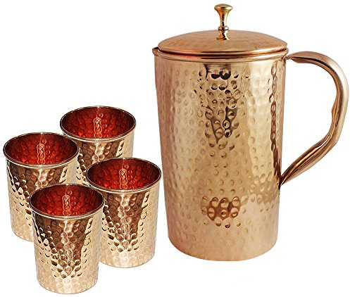 SKAVIJ Pichet en cuivre pur avec couvercle et 4 gobelets pichet d'eau de style martelé (1,6 litre)