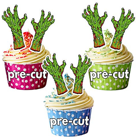 AK Giftshop PRE-CUT Halloween Green Zombie Hands - Edible Cupcake Toppers/Cake Decorations (Pack of 12)