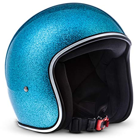 Rebel · R2 „Flakes Blue“ (Blau) · Jet-Helm · Mofa Retro Motorrad-Helm Chopper Scooter-Helm Roller · Fiberglass · Extra small Shell · Click-n-Secure™ Clip · Tragetasche · XS (53-54cm)