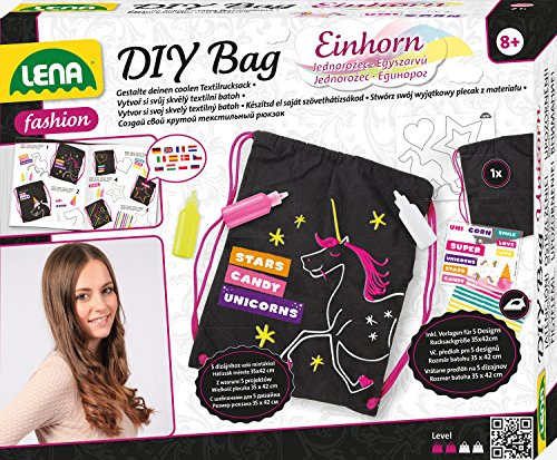Lena 42607 Bastelset DIY Rucksack Einhorn, Komplettset mit Leinenrucksack ca. 35 x 42 cm, 3 Textilstifte, 3 Schablonen und Bügelfolien, Mode Styling für Kinder ab 8 Jahre, Fashion Set mit Anleitung