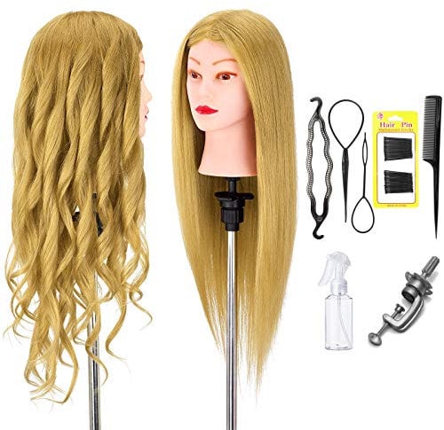 Neverland Beauty 22 Inches 100% Real Human Hair Training Head Practice Mannequin Hairdressing Dolls Head with Clamp Holder & DIY Hair Styling Braiding Tools & Spray Bottle